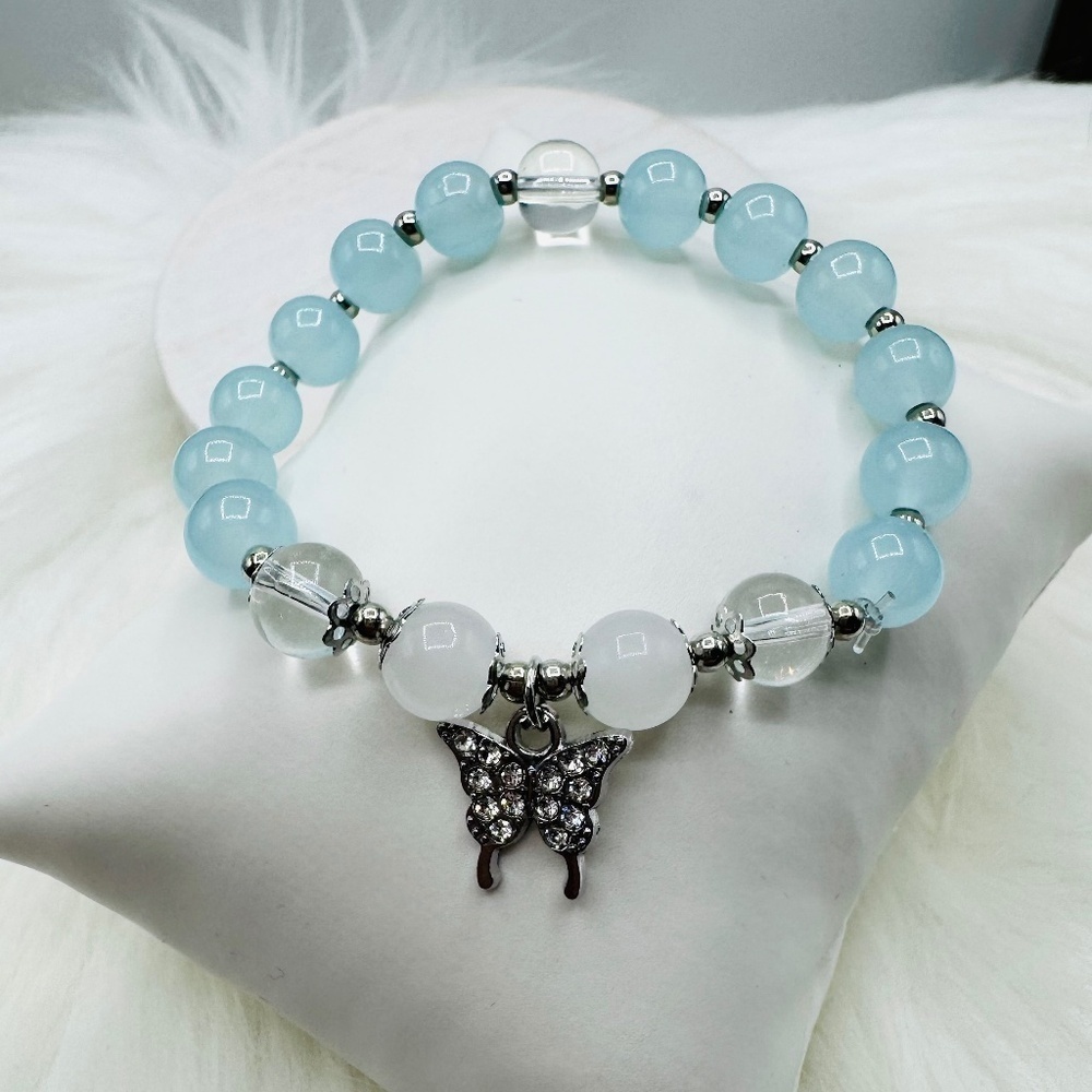 Blue Beaded w/ Sparkly Butterfly Charm Bracelet - Small wrists
